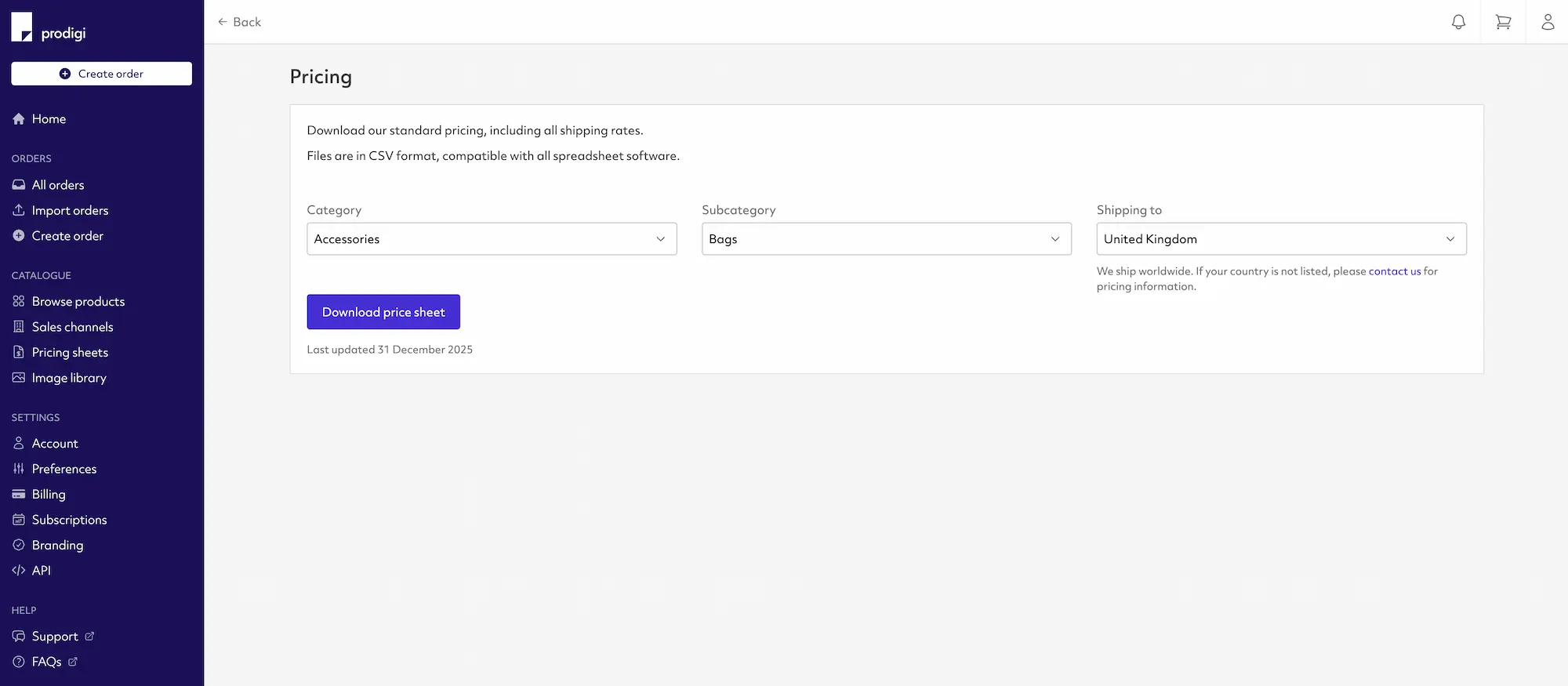 Comprehensive downloadable price lists